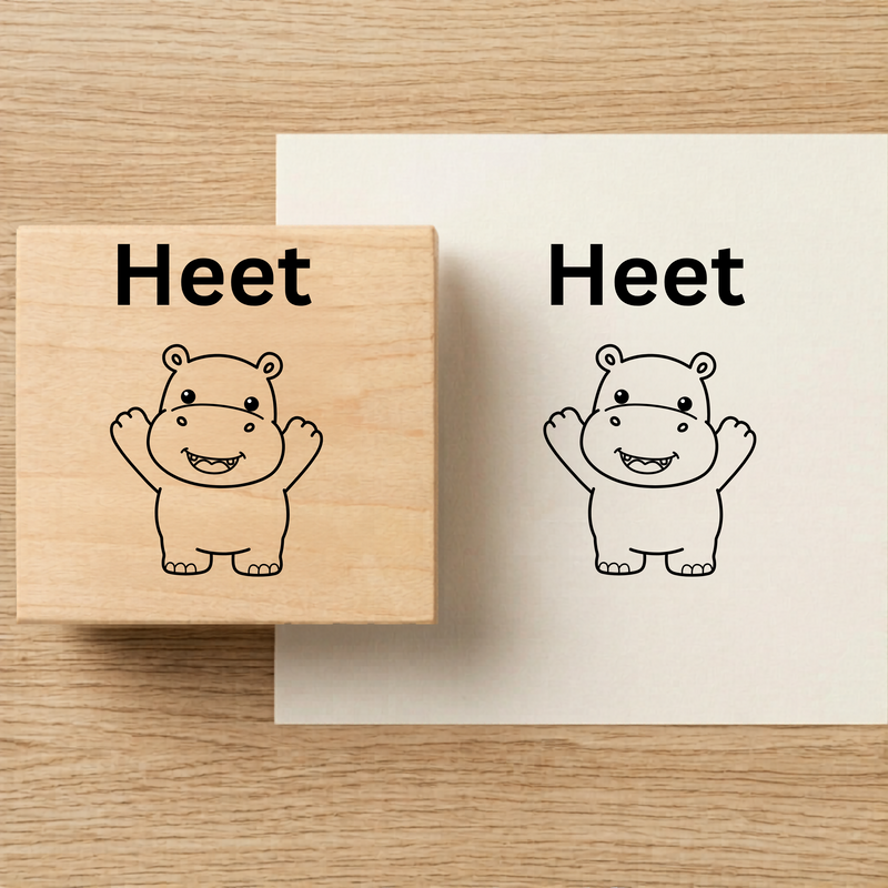 Personalised Happy Hippo Wooden Book Stamp – 3.5 cm