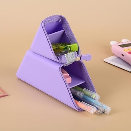 Triangle Stand Up Pencil Case Silicone Desk Pen Organizer Large Capacity Zipper Stationery Pouch Portable School Office Supply Bag (Multicolor)