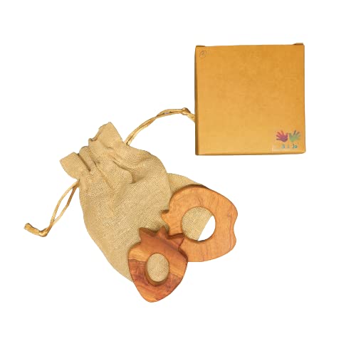 Handmade Natural Neem Wooden Base Teether Cum Rattle, for Kids Teething Toy with BeeWax and Smooth Finish Texture (Strawberry Apple)