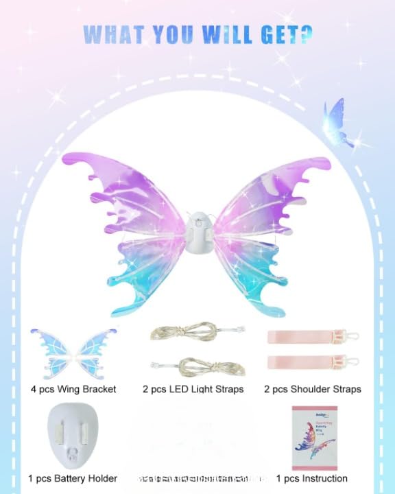 Ji and Ja® Light Up Fairy Angel Wings Electric Moving Butterfly Wing for Girls,Kids Cosplay Halloween Costumes Dress Up Party Favor,Birthday Christmas ( Battery not Included ) (Multicolour)