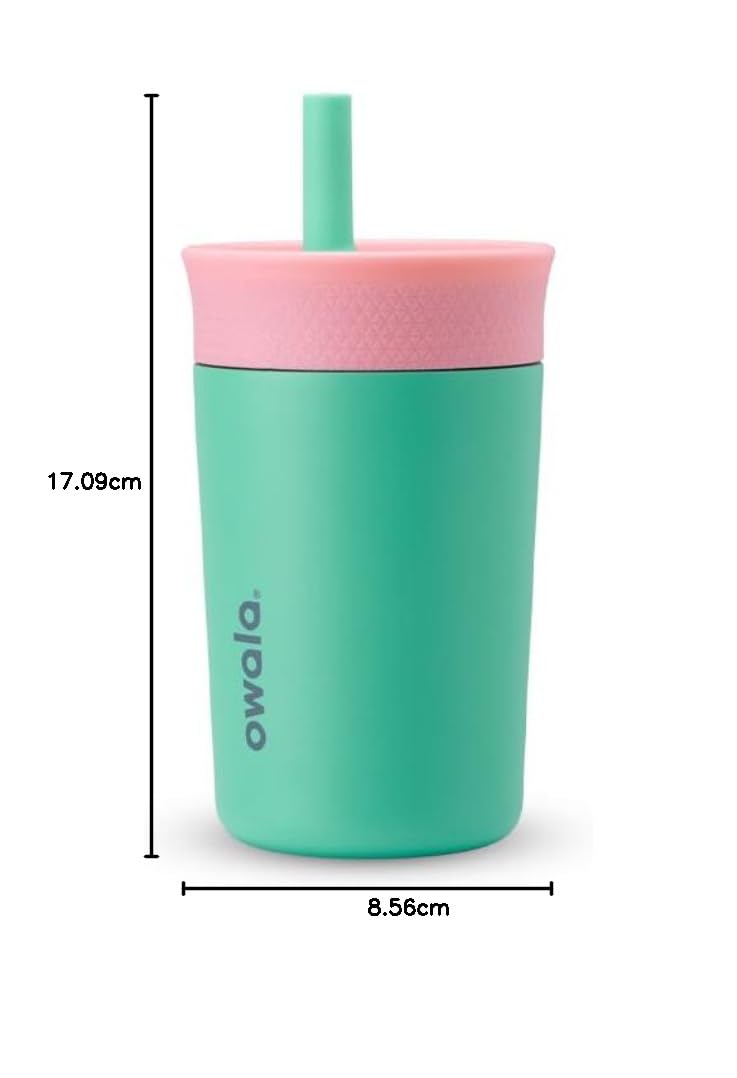 Owala Kids Insulation Stainless Steel Tumbler with Spill Resistant Flexible Straw, Easy to Clean, Kids Water Bottle, Great for Travel, Dishwasher Safe, 12 Oz, Pink and Teal (Real Cool Fish)