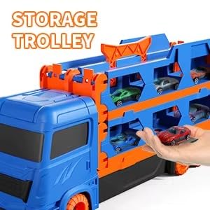 Big Hauler Storage & Deform Dinosaur Transport Truck Toy with Foldable Ejection Race Track & 2 Pc Die cast Cars for Kids Boys Girls 3+ Years