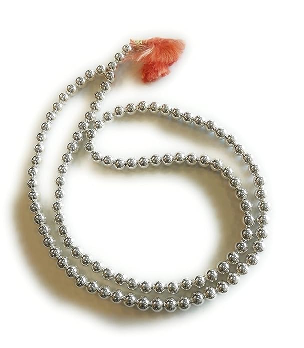 German Silver Foil Coated Shell Jaap Mala for Pooja (108+3 Beads) Unisex Both for Men & Women (5 MM), Beads of Faith, Puja