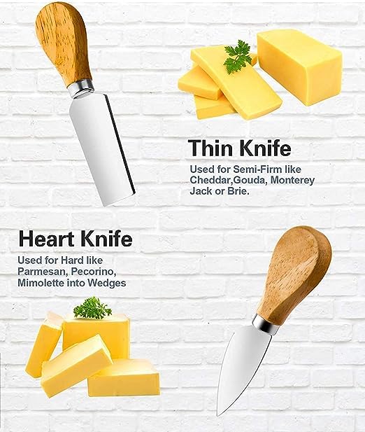 kunya® 4 PCS Cheese Knife Set, Premium Stainless Steel Cheese Slicer and Cutter Collection with Wooden Handle (Design 1)