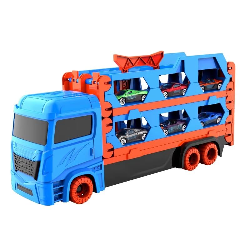 Big Hauler Storage & Deform Dinosaur Transport Truck Toy with Foldable Ejection Race Track & 2 Pc Die cast Cars for Kids Boys Girls 3+ Years
