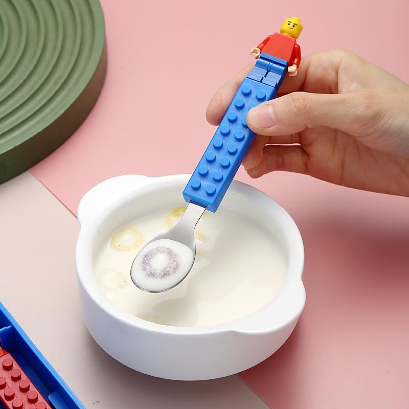 Stainless Steel Baby Spoon & Fork Set with Case Building Blocks Design