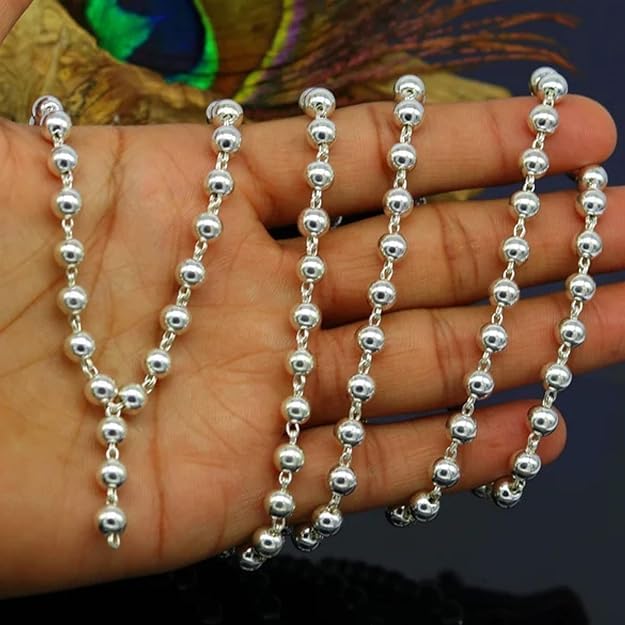 German Silver Foil Coated Shell Jaap Mala for Pooja (108+3 Beads) Unisex Both for Men & Women (5 MM), Beads of Faith, Puja