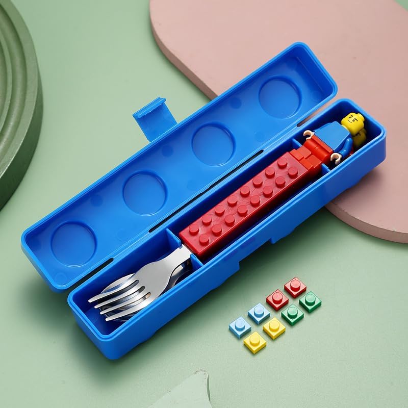 Stainless Steel Baby Spoon & Fork Set with Case Building Blocks Design