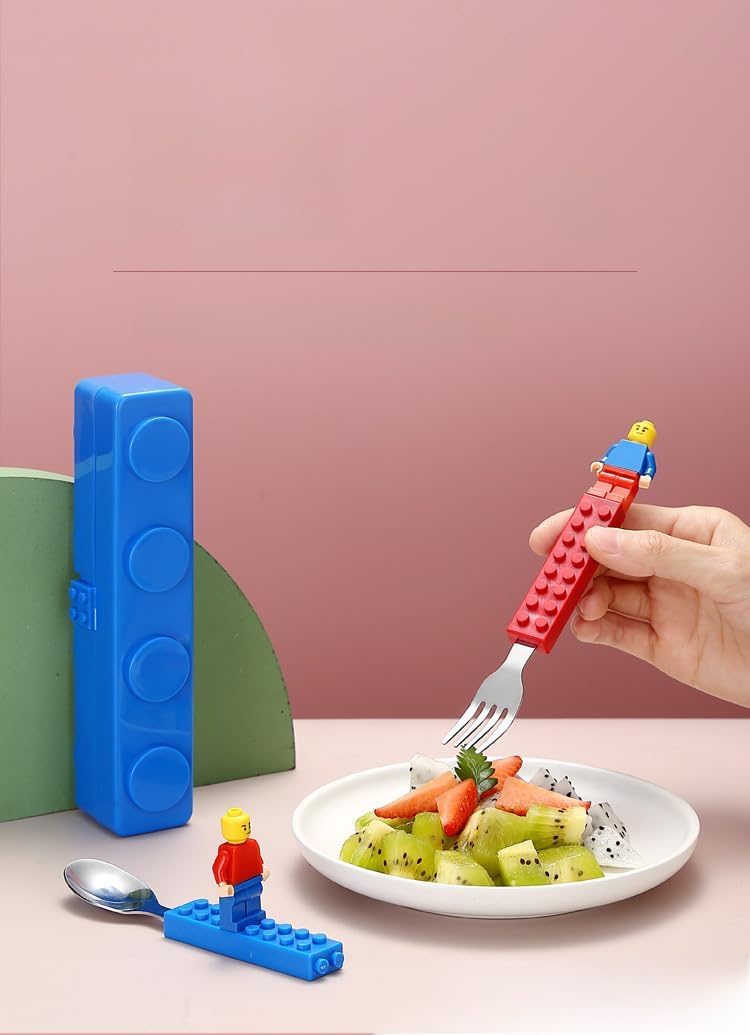 Stainless Steel Baby Spoon & Fork Set with Case Building Blocks Design