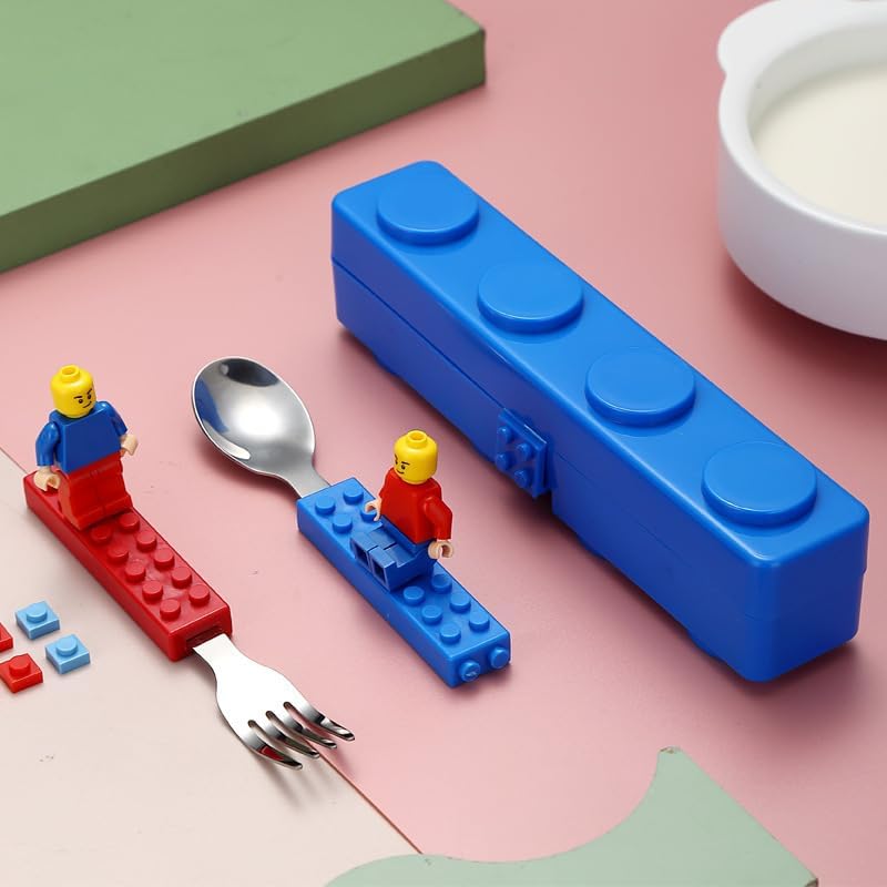 Stainless Steel Baby Spoon & Fork Set with Case Building Blocks Design