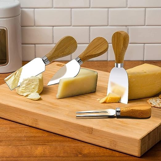 kunya® 4 PCS Cheese Knife Set, Premium Stainless Steel Cheese Slicer and Cutter Collection with Wooden Handle (Design 1)