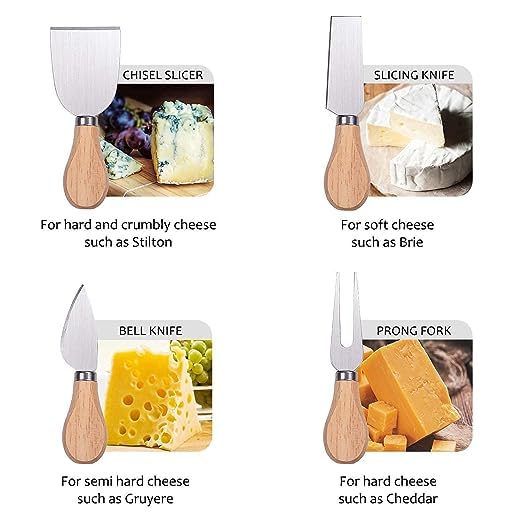 kunya® 4 PCS Cheese Knife Set, Premium Stainless Steel Cheese Slicer and Cutter Collection with Wooden Handle (Design 1)