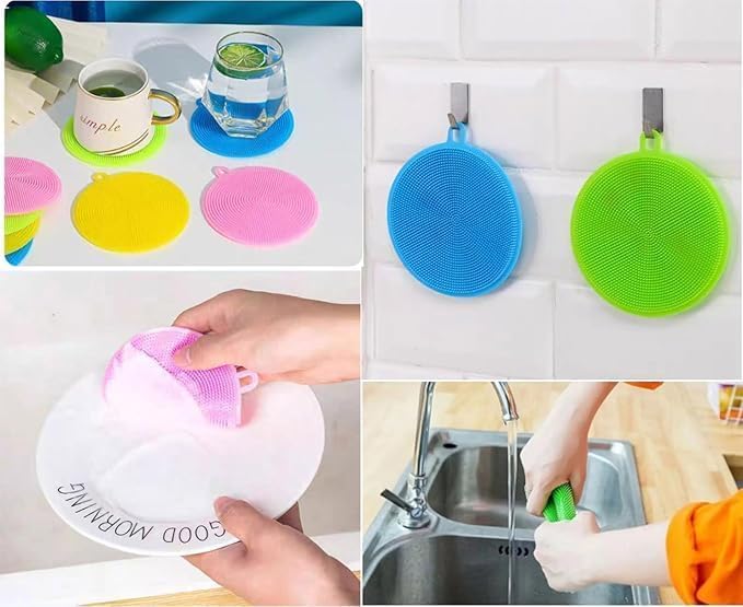 Silicone Dish Scrubber – Food Grade BPA-Free Sponge Brush, Reusable Rubber Cleaning Pad for Kitchen Dishes, Pots, Fruits & Vegetables – Fast Drying & Dishwasher Safe, Multi-Color (p-4)