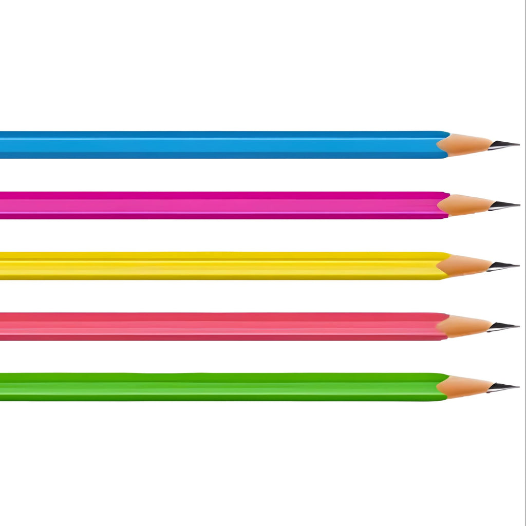 Four horizontal colored pencils aligned side by side on a plain white background, with blue, magenta, yellow, and green bodies and visible wood tips.