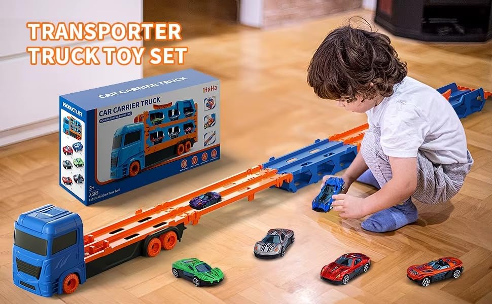 Big Hauler Storage & Deform Dinosaur Transport Truck Toy with Foldable Ejection Race Track & 2 Pc Die cast Cars for Kids Boys Girls 3+ Years