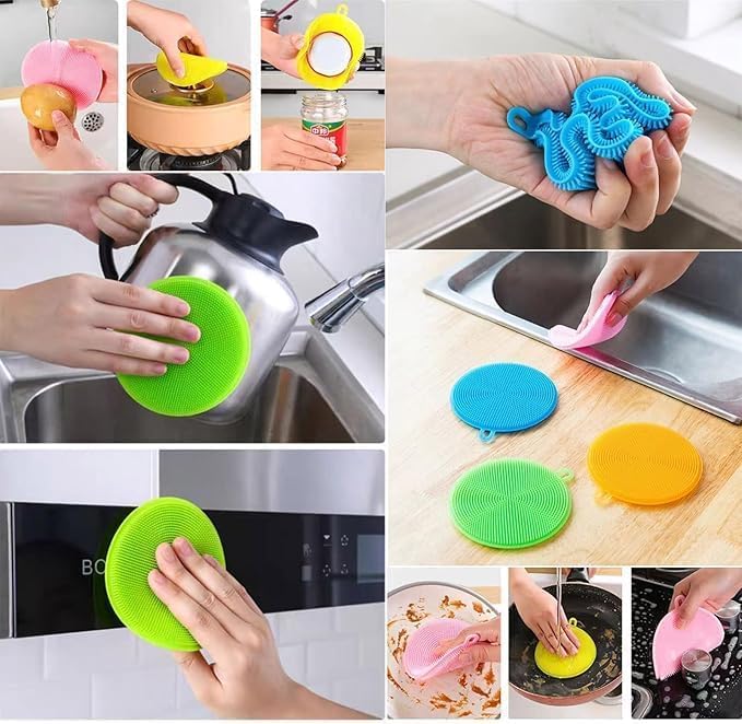 Silicone Dish Scrubber – Food Grade BPA-Free Sponge Brush, Reusable Rubber Cleaning Pad for Kitchen Dishes, Pots, Fruits & Vegetables – Fast Drying & Dishwasher Safe, Multi-Color (p-4)