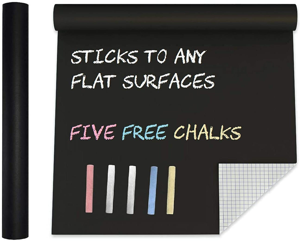 Black Board Vinyl (45x200cm) Wall Sticker Removable Decal Chalkboard with 5 Chalks for Home School Office College Room Kitchen Kids