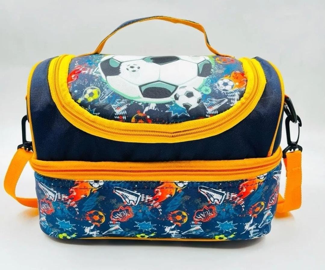 Polyester Multi Compartment Dual Slot Lunch Bag Double Insulated Tiffin Lunch Bag with Multi Zipper Pockets for School (Football), 7 Liters