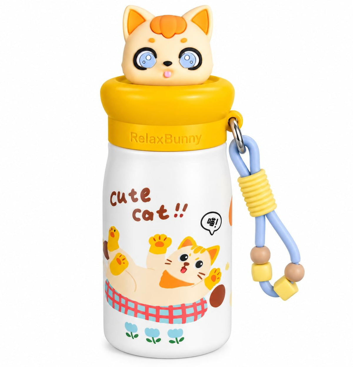 Cat Theme Animal Sipper Bottle  Stainless Steel Sipper Water Bottle with Straw  480 ml Leak proof Animal Sipper Bottle