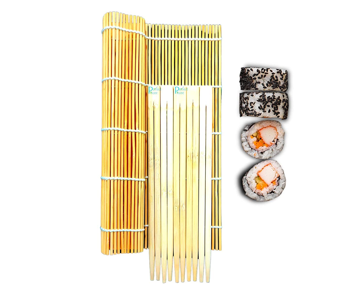 All Natural Bamboo Sushi Rolling Mat (100% Authentic Sushi Rolling Mat - 9.5 Inch x 9 Inch | Make Sushi at Home) (Joint Chopstick)