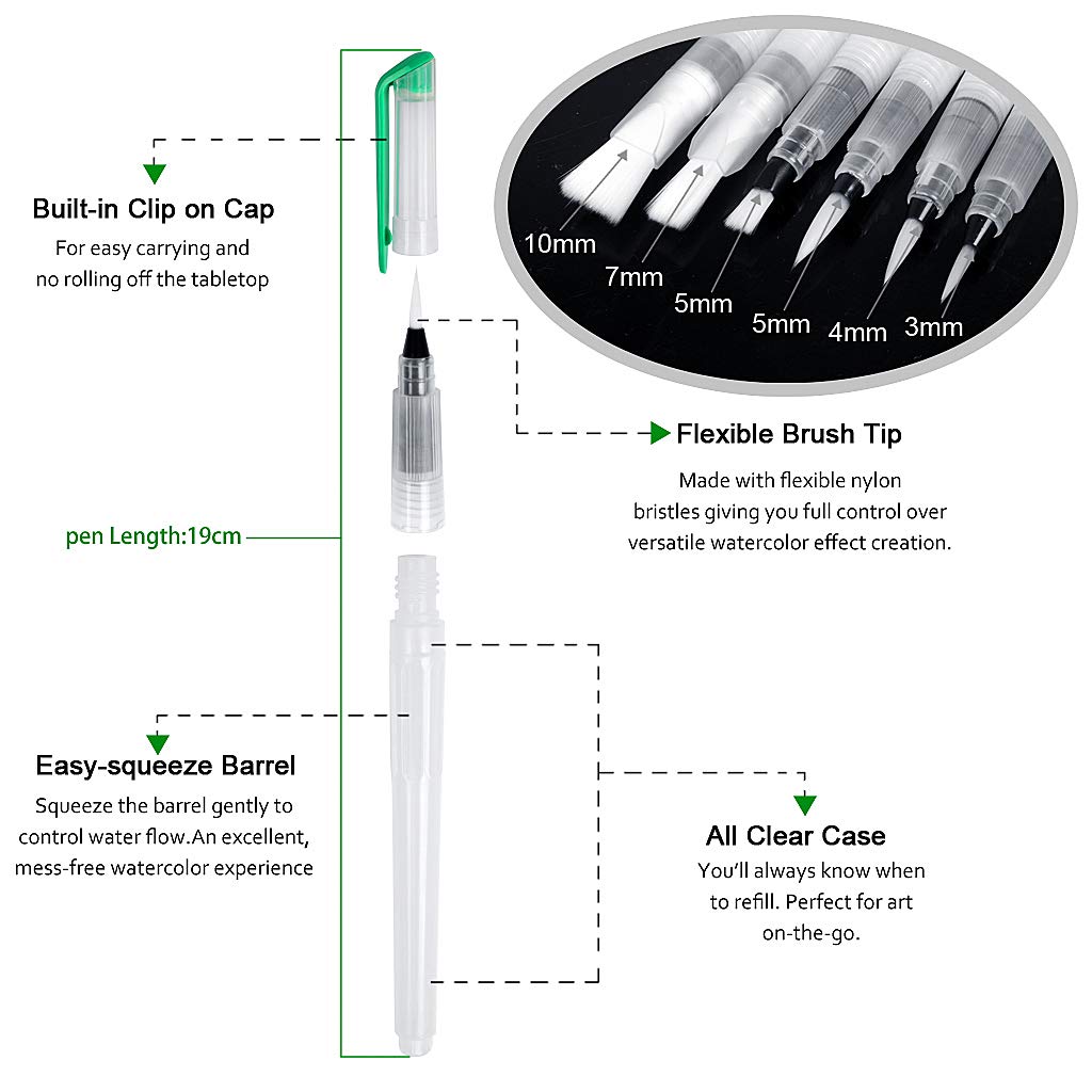 Water Brush Pens Watercolor Brushes 6 Pcs Set with Different Size Tips Water Reservoir Pen for Watercolour Painting Oil Acrylic Painting and Calligraphy
