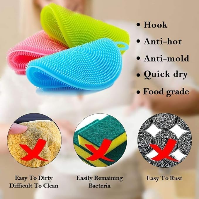 Silicone Dish Scrubber – Food Grade BPA-Free Sponge Brush, Reusable Rubber Cleaning Pad for Kitchen Dishes, Pots, Fruits & Vegetables – Fast Drying & Dishwasher Safe, Multi-Color (p-4)