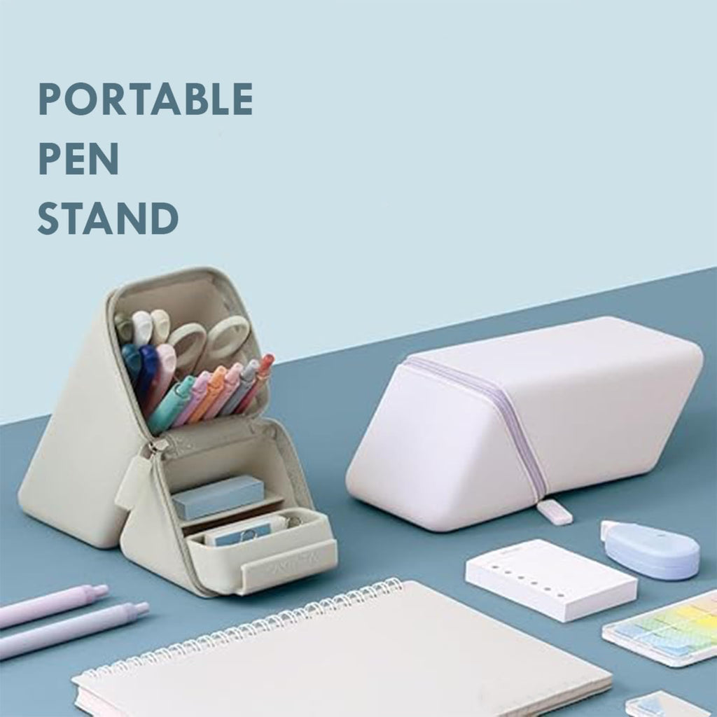 Triangle Stand Up Pencil Case Silicone Desk Pen Organizer Large Capacity Zipper Stationery Pouch Portable School Office Supply Bag (Multicolor)