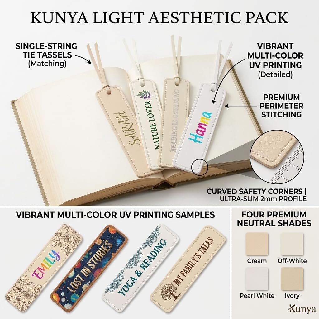 Custom Leatherette Bookmarks with Tassel (4 Pack, Earth & Elegance) – Personalized UV Printed Name & Quote Bookmarks for Book Lovers