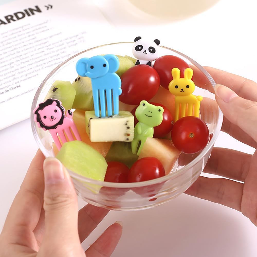 kunya® 10 Pcs Animal Cartoon Set of Fruit Fork for Kids, Reusable Giraffe & Elephant Food Fruit Picks for Kids, Cute Bento Box Decor, Plastic Fruit Forks for Dessert, Snack(Random Colours)