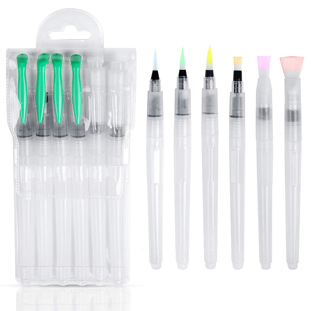 Water Brush Pens Watercolor Brushes 6 Pcs Set with Different Size Tips Water Reservoir Pen for Watercolour Painting Oil Acrylic Painting and Calligraphy