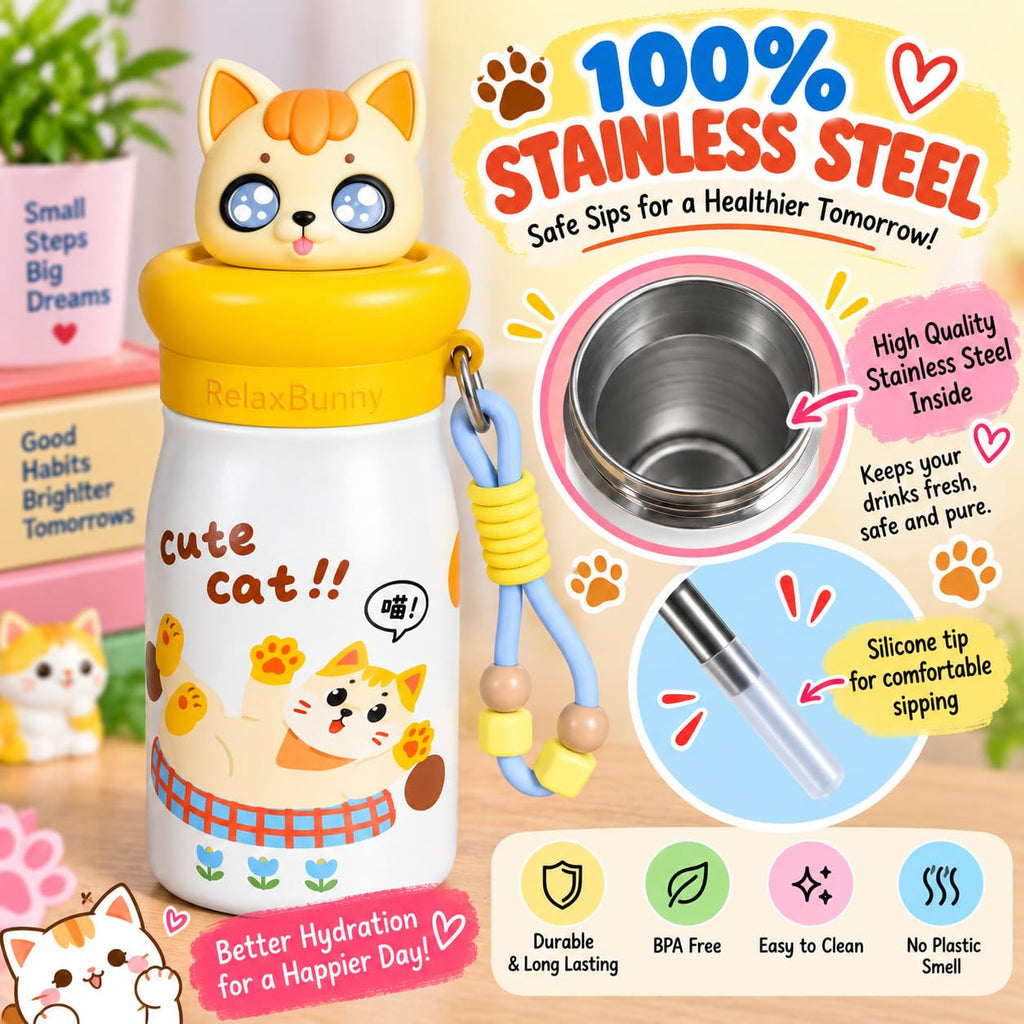 Cat Theme Animal Sipper Bottle  Stainless Steel Sipper Water Bottle with Straw  480 ml Leak proof Animal Sipper Bottle