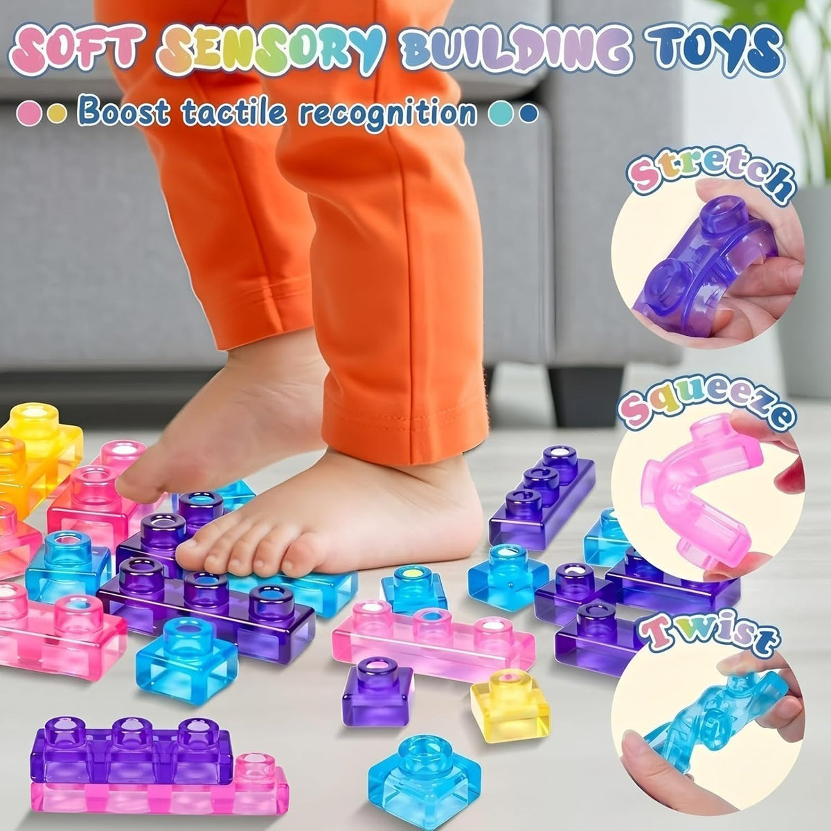 Sensory Soft Magic Gummy Building Blocks Squishy Stacking Toy Set 24 PCS- Age 3+ Squeezable Stretchable Montessori Learning Creative Play Puzzle Blocks for Toddlers & Kids
