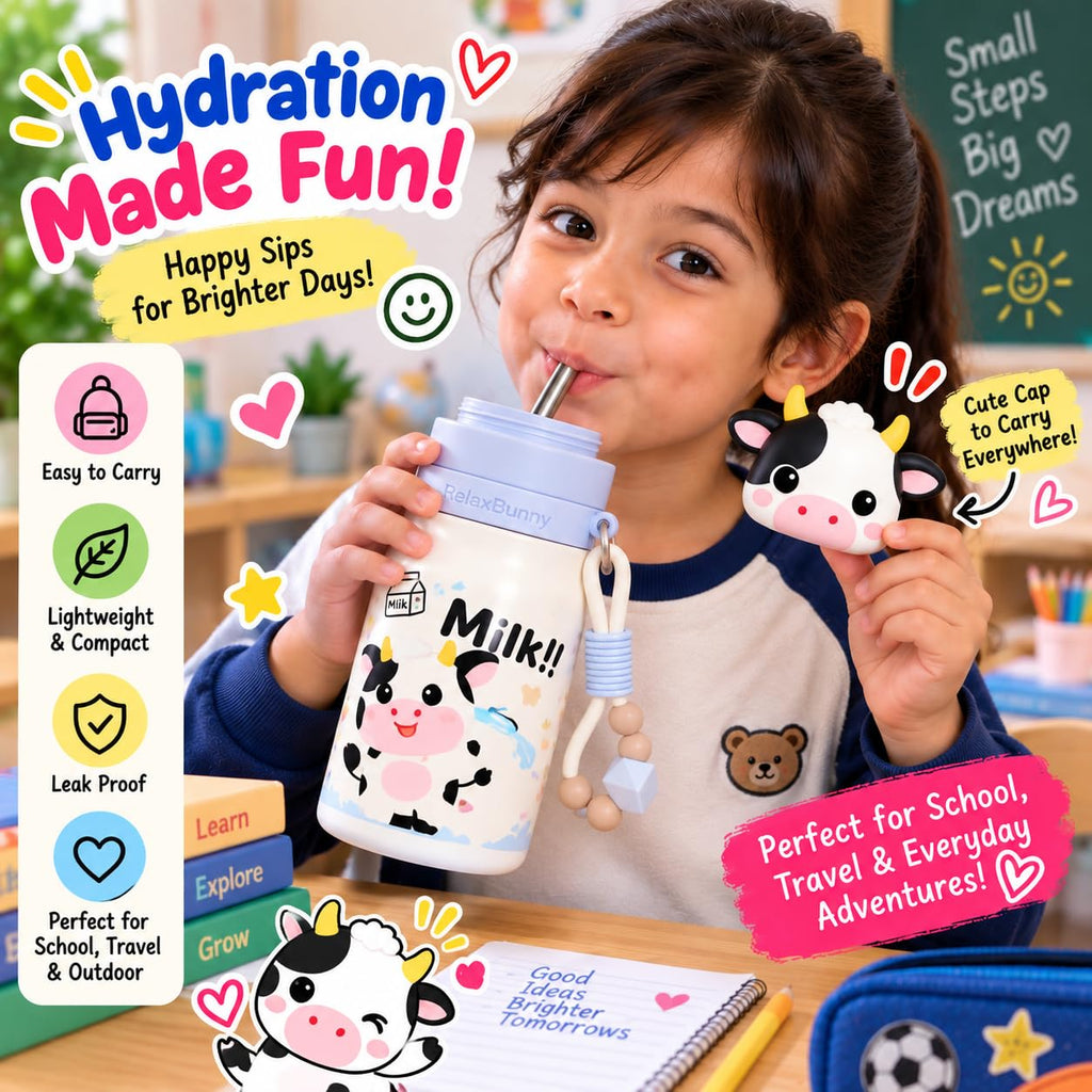 Cow Theme Animal Sipper Bottle  Stainless Steel Sipper Water Bottle with Straw  480 ml Leak proof Animal Sipper Bottle