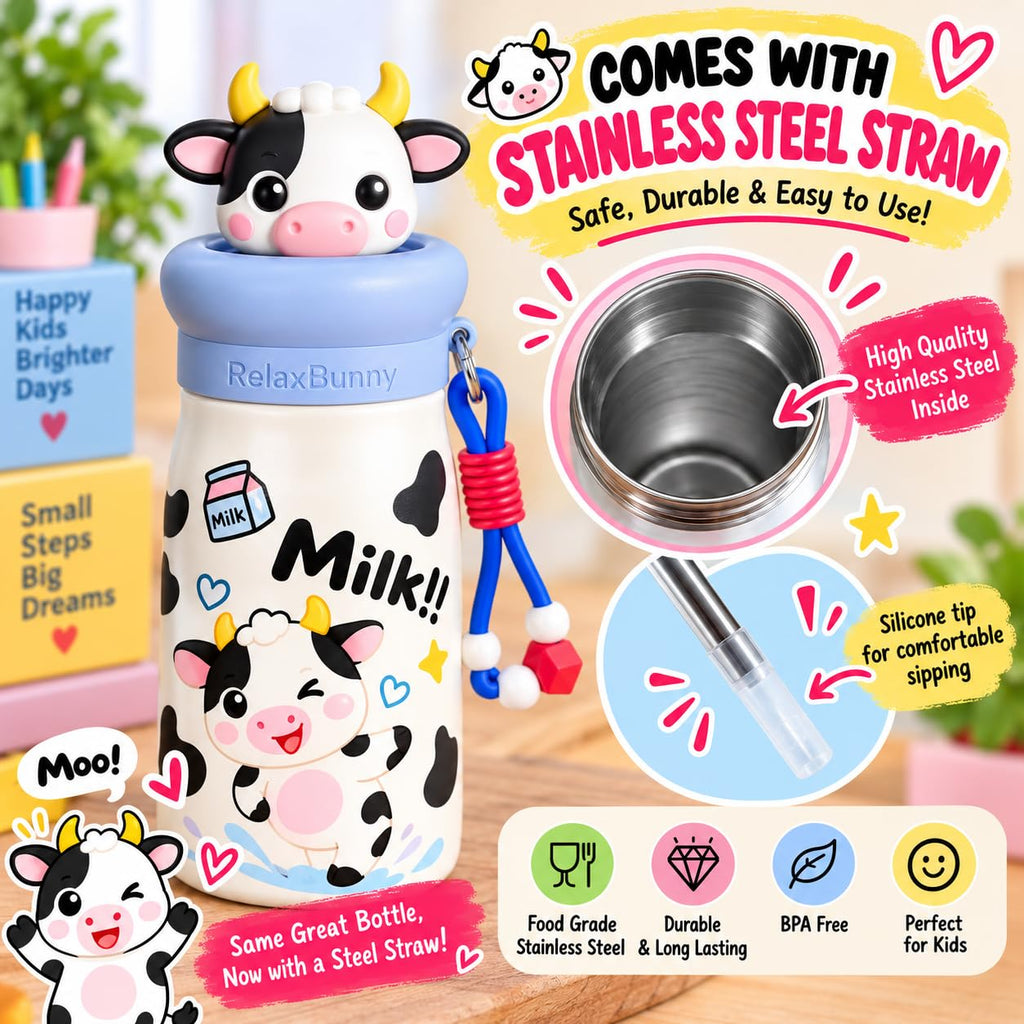 Cow Theme Animal Sipper Bottle  Stainless Steel Sipper Water Bottle with Straw  480 ml Leak proof Animal Sipper Bottle