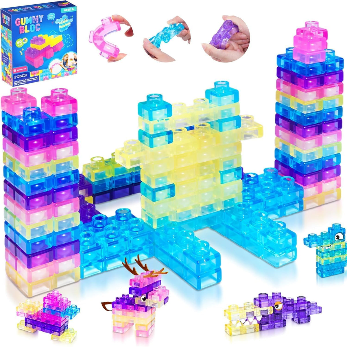 Sensory Soft Magic Gummy Building Blocks Squishy Stacking Toy Set 40 PCS- Age 3+ Squeezable Stretchable Montessori Learning Creative Play Puzzle Blocks for Toddlers & Kids