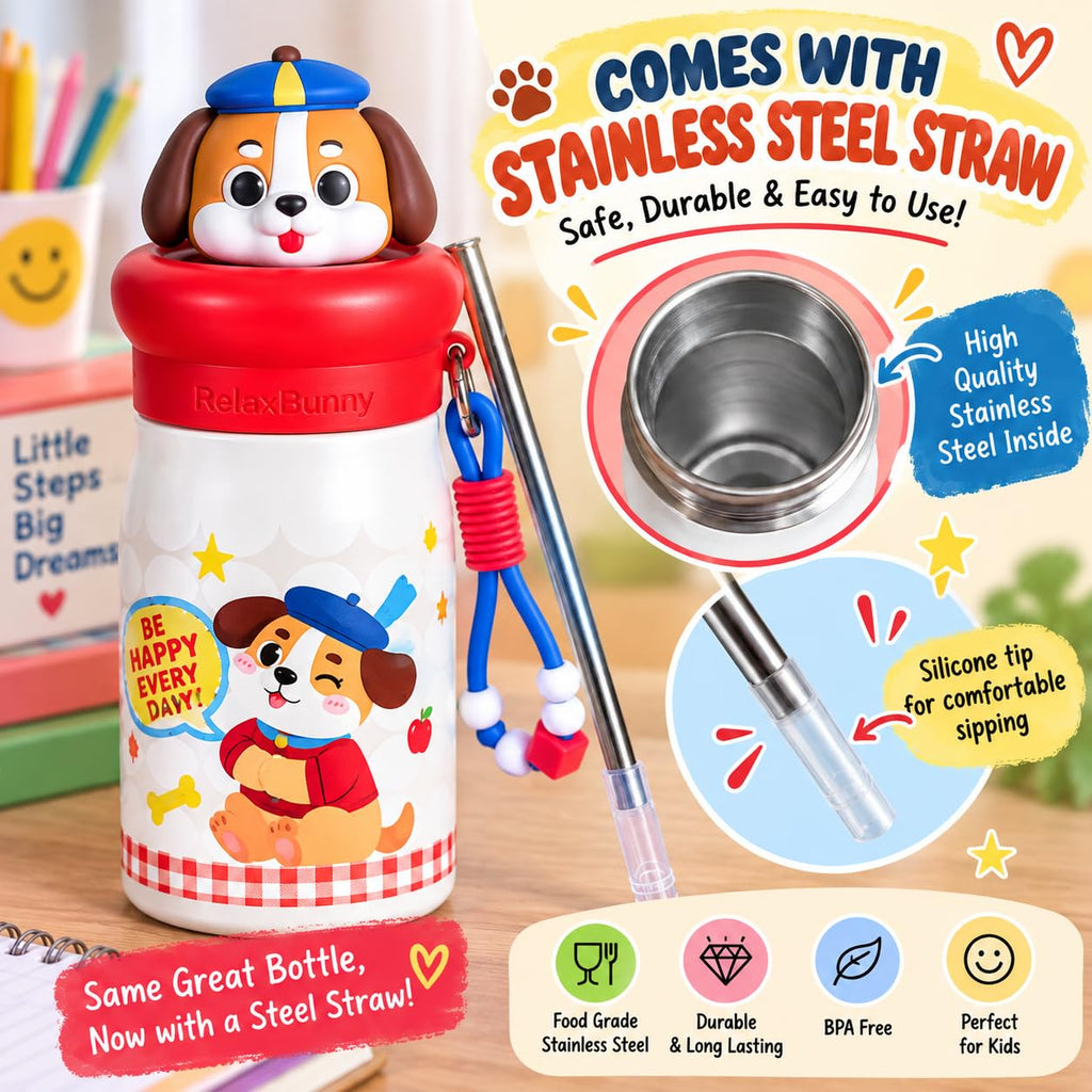 Dog Theme Animal Sipper Bottle  Stainless Steel Sipper Water Bottle with Straw  480 ml Leak proof Animal Sipper Bottle