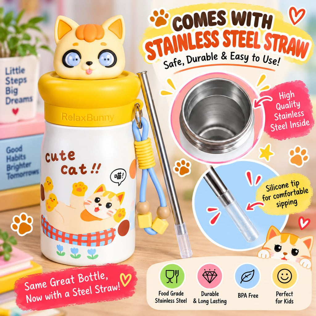 Cat Theme Animal Sipper Bottle  Stainless Steel Sipper Water Bottle with Straw  480 ml Leak proof Animal Sipper Bottle