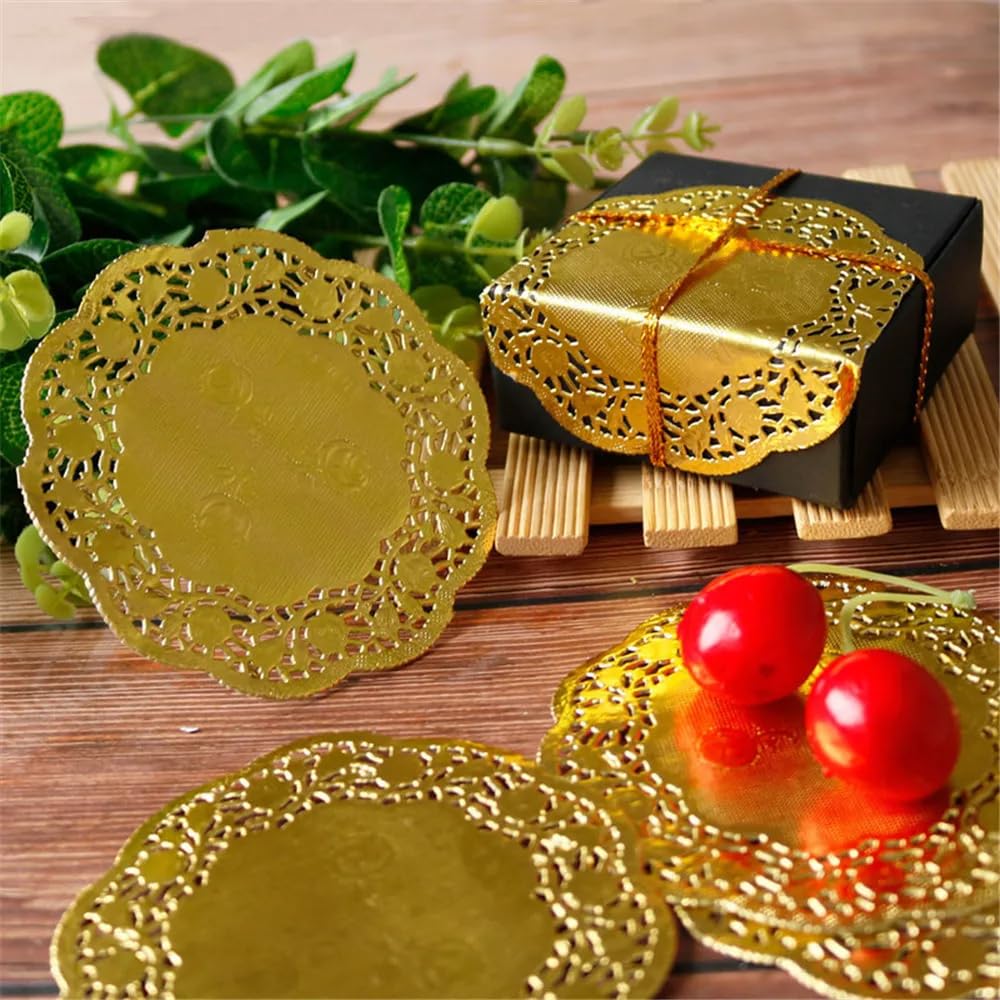 Paper Doilies,100 Pieces Doilies Papers, Lace Doileys Round Decorative Placemats Bulk for Desert, Tableware Decoration,Doiles (Golden 4.5 inch)