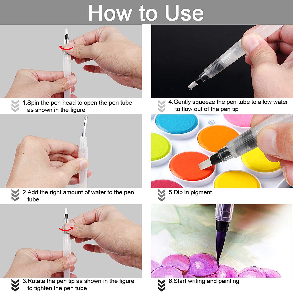 Water Brush Pens Watercolor Brushes 6 Pcs Set with Different Size Tips Water Reservoir Pen for Watercolour Painting Oil Acrylic Painting and Calligraphy