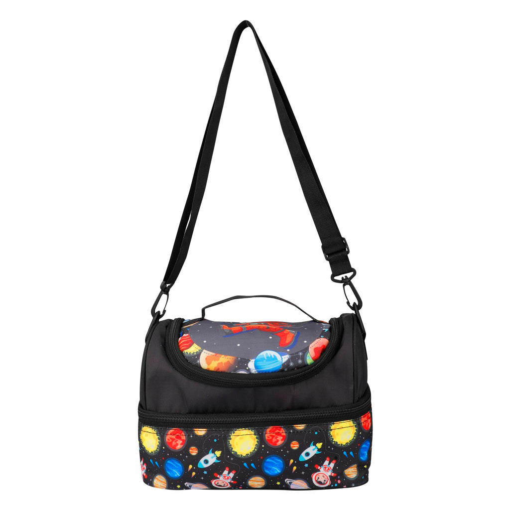 Ji and Ja® Multi Compartment Dual Slot Lunch Bag Double Insulated Tiffin Lunch Bag with Multi Zipper Pockets for School (Space Black)