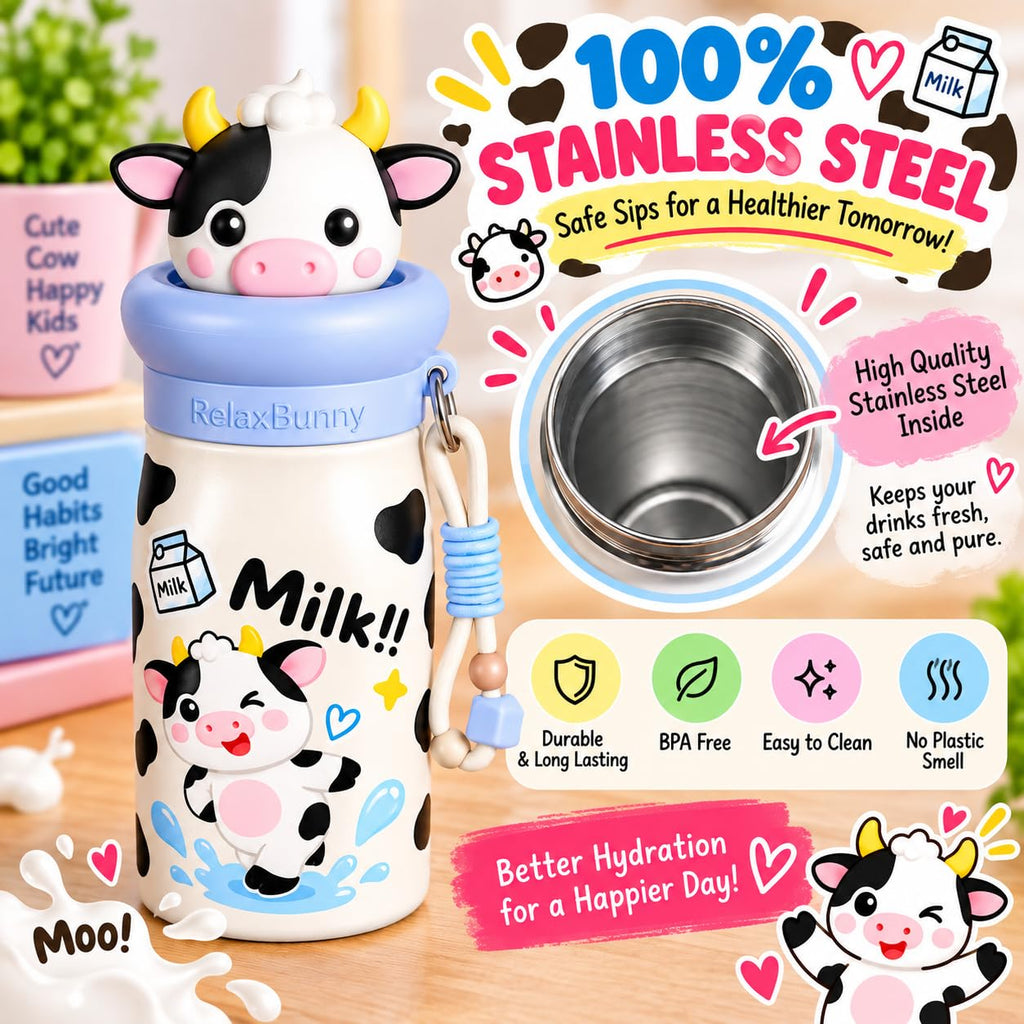 Cow Theme Animal Sipper Bottle  Stainless Steel Sipper Water Bottle with Straw  480 ml Leak proof Animal Sipper Bottle