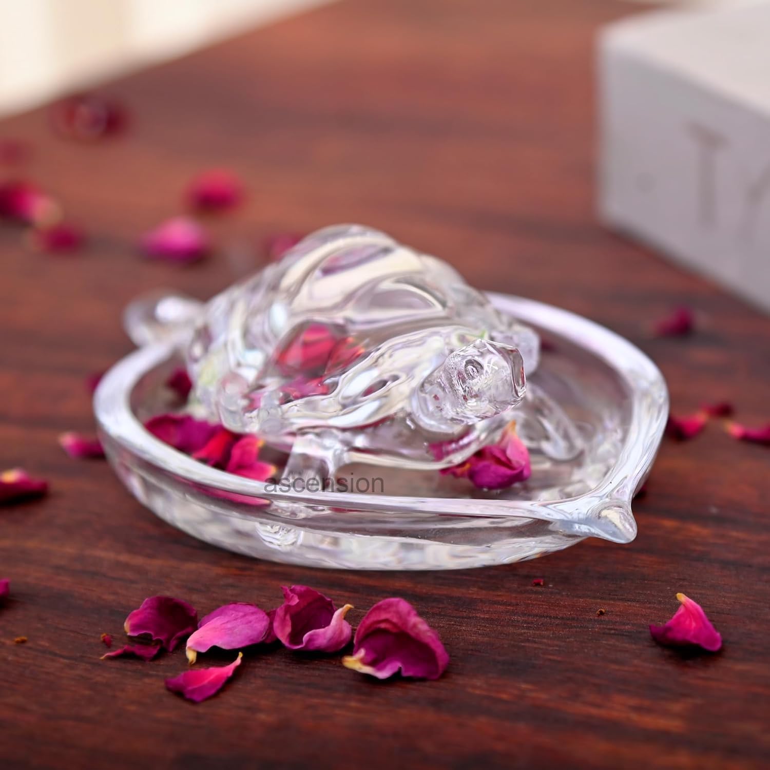 Vastu Feng Shui Crystal Turtle on Glass Plate – Clear Crystal Tortoise for Good Luck, Prosperity & Home Harmony