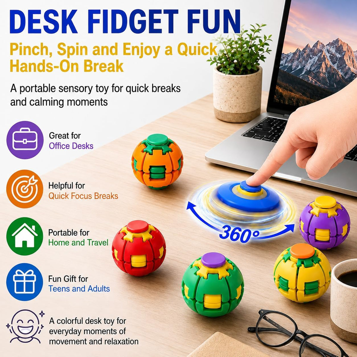 Press to Spin Fidget Ball, 360° Rotating Fidget Spinner Ball, Quiet Sensory Stress Relief Toy for Adults, Kids & Students, Portable Pocket Size Toy for Office Desk
