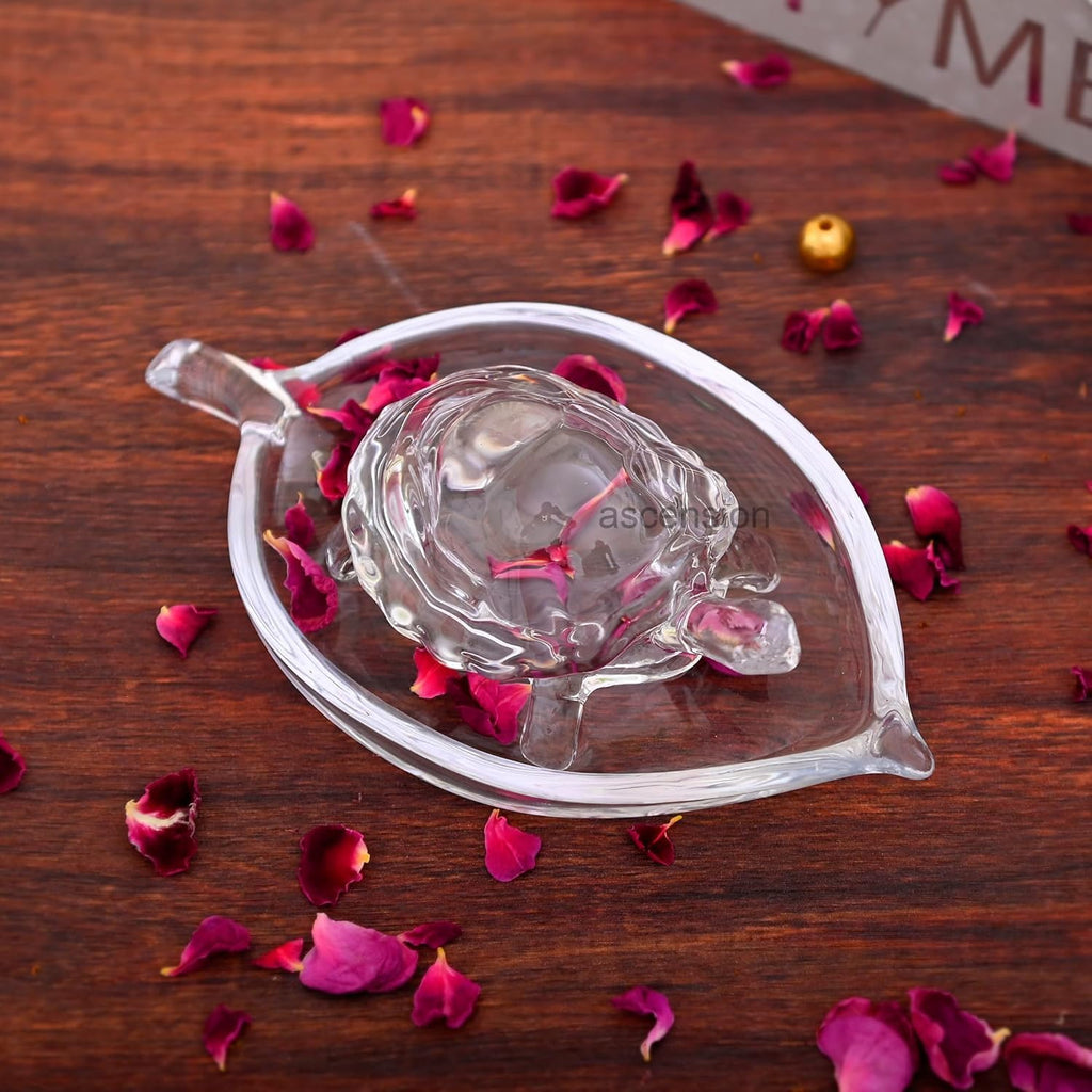 Vastu Feng Shui Crystal Turtle on Glass Plate – Clear Crystal Tortoise for Good Luck, Prosperity & Home Harmony