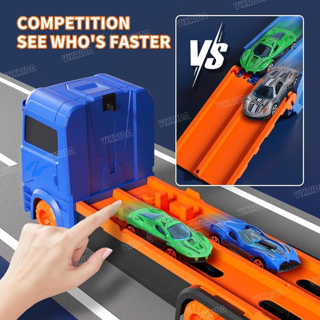 Big Hauler Storage & Deform Dinosaur Transport Truck Toy with Foldable Ejection Race Track & 2 Pc Die cast Cars for Kids Boys Girls 3+ Years