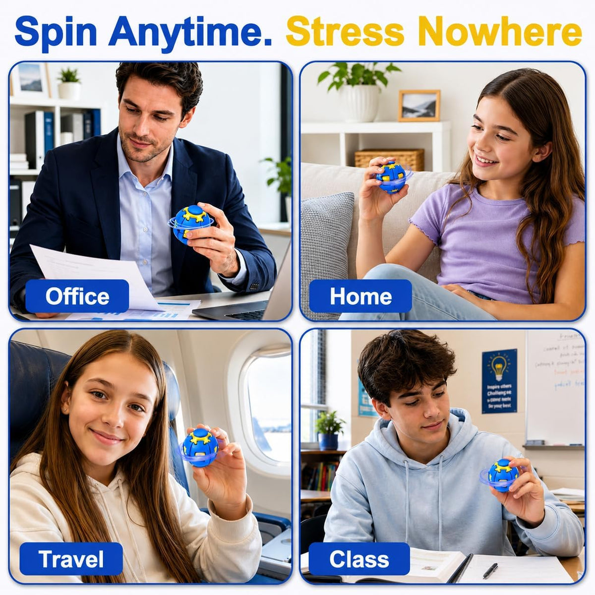 Press to Spin Fidget Ball, 360° Rotating Fidget Spinner Ball, Quiet Sensory Stress Relief Toy for Adults, Kids & Students, Portable Pocket Size Toy for Office Desk