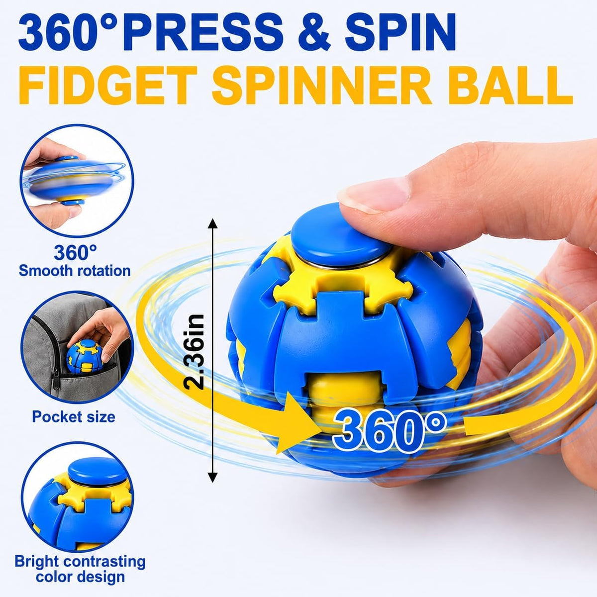 Press to Spin Fidget Ball, 360° Rotating Fidget Spinner Ball, Quiet Sensory Stress Relief Toy for Adults, Kids & Students, Portable Pocket Size Toy for Office Desk