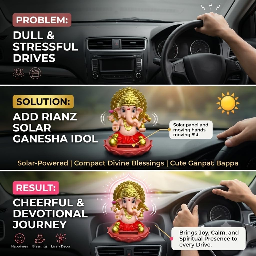 kunya® Moving Hand Solar Powered Ganesha Statue for Car Dashboard Home Decor and Office | Ganpati Bappa | Solar Powered Lord Ganesh ji Moving Hand