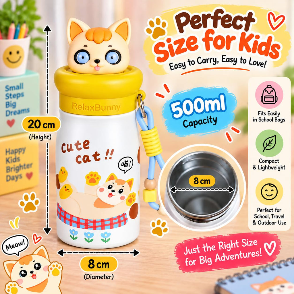 Cat Theme Animal Sipper Bottle  Stainless Steel Sipper Water Bottle with Straw  480 ml Leak proof Animal Sipper Bottle
