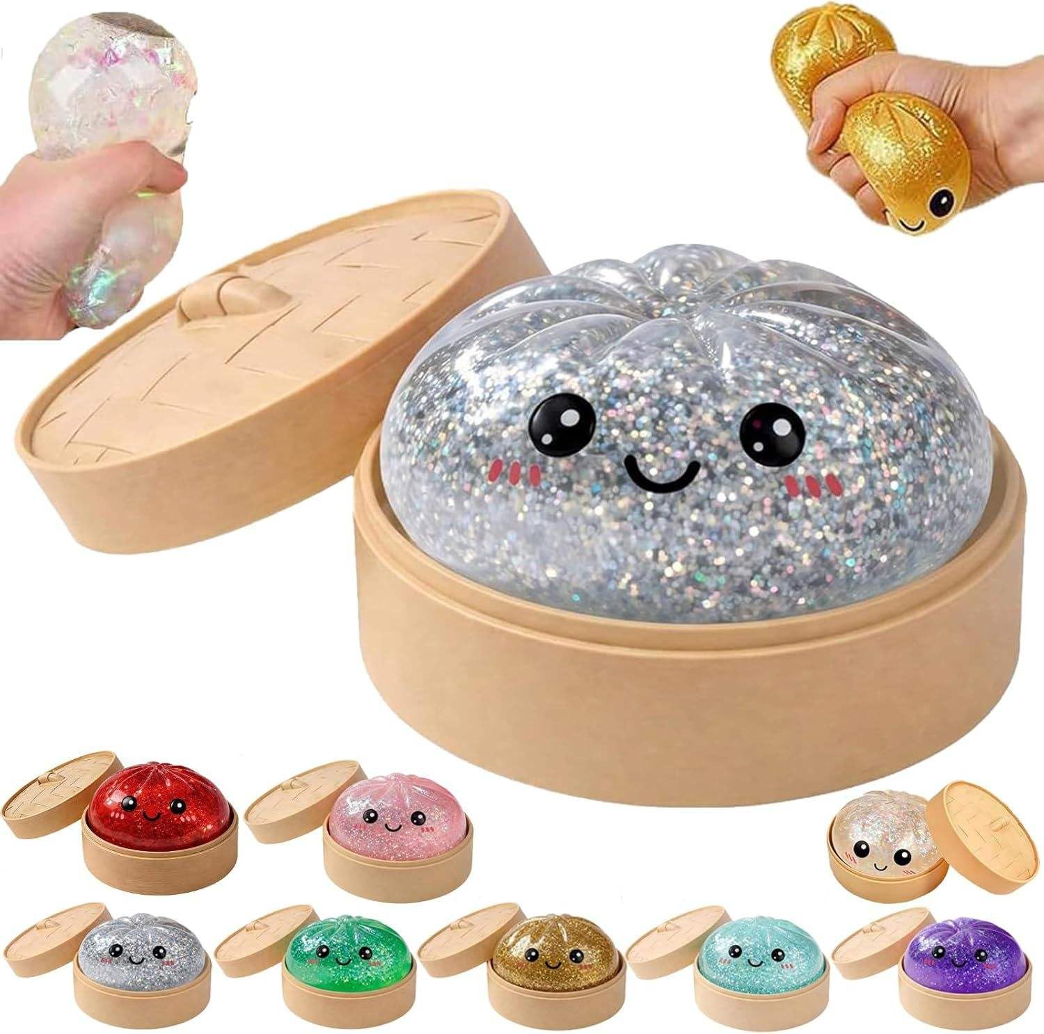 Dumpling Squishy Ball, Glitter Dumpling Mystery Box, Fidget Sensory Toy for Adults,Colorful Dumplings Stress Balls with Food Steamer,Stretchy Desk Toys { Rendom Pic of 1 Multicolour }